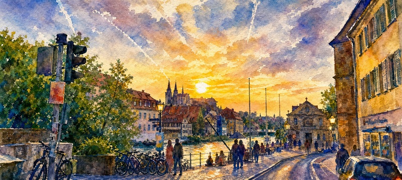 Aquarellhafte Ansicht des Bamberger Ufers im Abendlicht