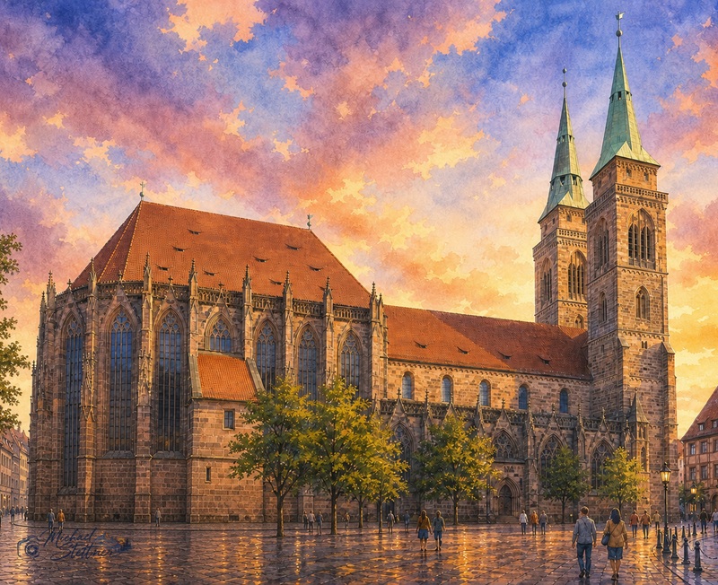 Stilisierte, KI generierte Ansicht der Sebalduskirche in Nürnberg